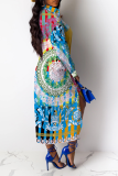 Multicolor Casual Print Patchwork Turndown Collar Shirt Dress Dresses