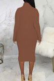 Brown Casual Solid Split Joint Turtleneck One Step Skirt Dresses