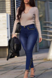 Light Blue Fashion Street Solid Patchwork Plus Size Jeans