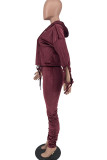 Burgundy Fashion Casual Solid Bandage Hollowed Out Hooded Collar Long Sleeve Two Pieces