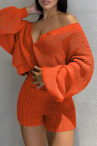 Orange Fashion Casual Solid Cardigan V Neck Long Sleeve Two Pieces