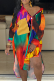 Multicolor Casual Print Patchwork Turndown Collar Shirt Dress Dresses