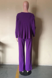 Purple Casual Solid Flounce O Neck Long Sleeve Two Pieces