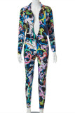 Multicolor Fashion Casual Print Basic Turndown Collar Long Sleeve Two Pieces