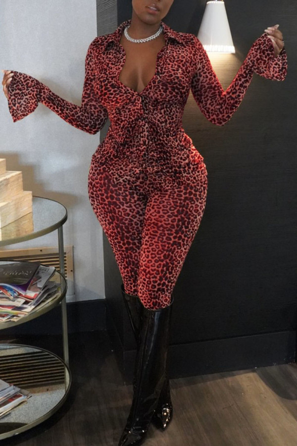Red Sexy Print Leopard Patchwork Buckle Turndown Collar Long Sleeve Two Pieces