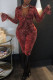 Red Sexy Print Leopard Patchwork Buckle Turndown Collar Long Sleeve Two Pieces