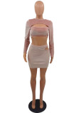 Pink Sexy Casual Solid Hollowed Out O Neck Long Sleeve Two Pieces