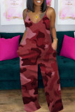 Burgundy Casual Camouflage Print Split Joint Spaghetti Strap Loose Jumpsuits