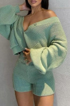 Green Fashion Casual Solid Cardigan V Neck Long Sleeve Two Pieces