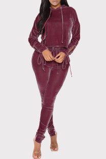 Burgundy Fashion Casual Solid Bandage Hollowed Out Hooded Collar Long Sleeve Two Pieces
