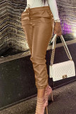 Coffee Casual Solid Patchwork Regular High Waist Pencil Solid Color Bottoms