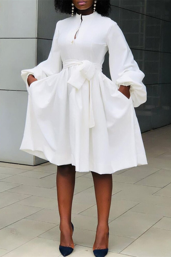 White Fashion Casual Solid Bandage O Neck Long Sleeve Dresses