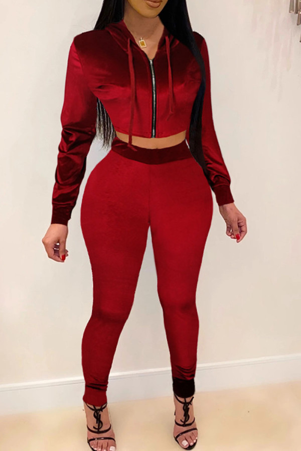 Burgundy Solid Patchwork Zipper Hooded Collar Long Sleeve Two Pieces