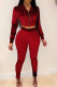 Burgundy Solid Patchwork Zipper Hooded Collar Long Sleeve Two Pieces