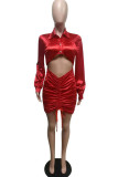 Red Fashion Casual Solid Fold Turndown Collar Wrapped Skirt Dresses