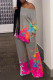 Grey Casual Print Patchwork Oblique Collar Two Pieces