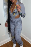 Silver Sexy Print Patchwork Asymmetrical Zipper Collar Long Sleeve Two Pieces