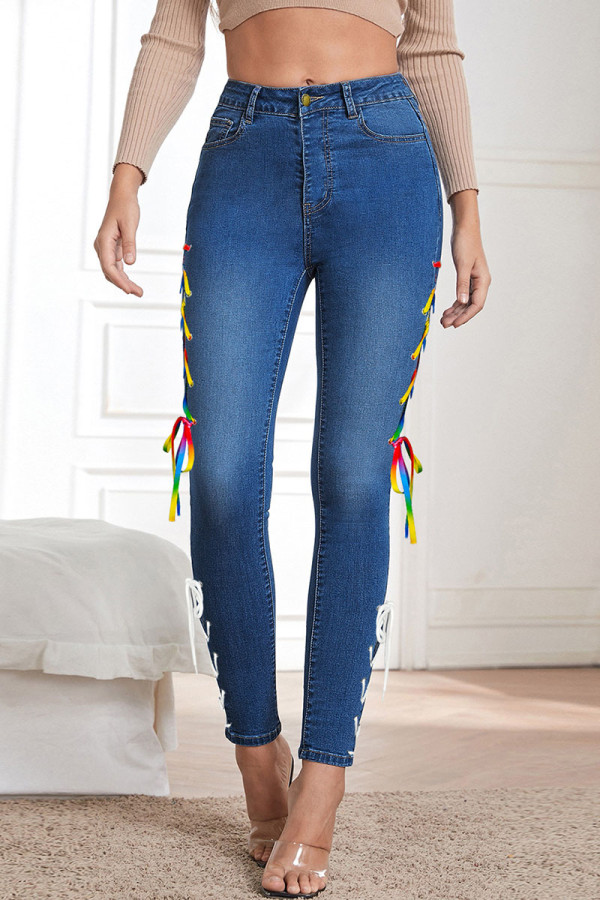 Dark Blue Fashion Street Solid Bandage Denim Jeans