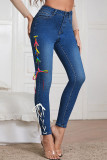 Dark Blue Fashion Street Solid Bandage Denim Jeans
