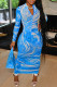 Blue Fashion Print Patchwork Zipper Collar Long Sleeve Dresses