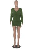 Army Green Sexy Casual Solid Fold V Neck Long Sleeve Dresses