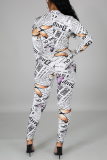 White Sexy Print Patchwork Turndown Collar Skinny Jumpsuits