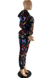 Black Fashion Casual Letter Print Basic Hooded Collar Long Sleeve Two Pieces