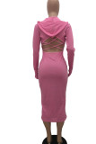 Rose Pink Sexy Solid Patchwork Backless Hooded Collar One Step Skirt Dresses