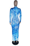 Purple Fashion Print Patchwork Zipper Collar Long Sleeve Dresses