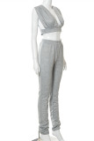 Grey Sexy Casual Solid Vests Pants V Neck Sleeveless Two Pieces
