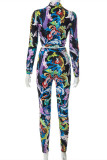 Multicolor Fashion Casual Print Basic Turndown Collar Long Sleeve Two Pieces