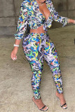 Multicolor Fashion Casual Print Basic Turndown Collar Long Sleeve Two Pieces