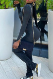 Black Fashion Street Solid Split Joint Zipper Collar Jumpsuits