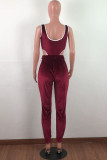 Wine Red Velvet Sexy Fashion adult Two Piece Suits Solid pencil Sleeveless
