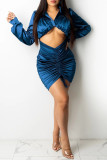 Red Fashion Casual Solid Fold Turndown Collar Wrapped Skirt Dresses