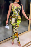 Green Fashion Sexy Print Backless U Neck Skinny Jumpsuits