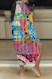 Multicolor Casual Print Patchwork Turndown Collar Shirt Dress Dresses