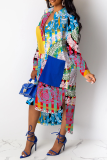 Multicolor Casual Print Patchwork Turndown Collar Shirt Dress Dresses