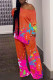 Tangerine Red Casual Print Patchwork Oblique Collar Two Pieces