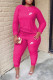 Rose Red Fashion Casual Print Basic O Neck Long Sleeve Two Pieces