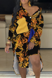 Multicolor Casual Print Patchwork Turndown Collar Shirt Dress Dresses
