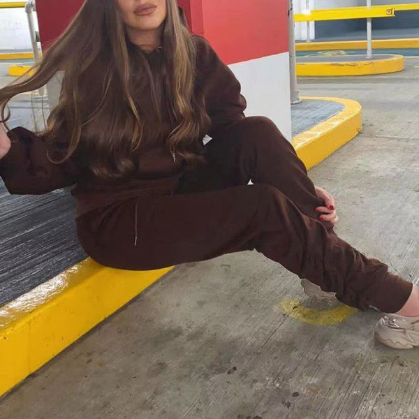Coffee Fashion Sexy Solid Fold Hooded Collar Long Sleeve Two Pieces