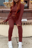 Deep Red Casual Solid Patchwork O Neck Long Sleeve Two Pieces