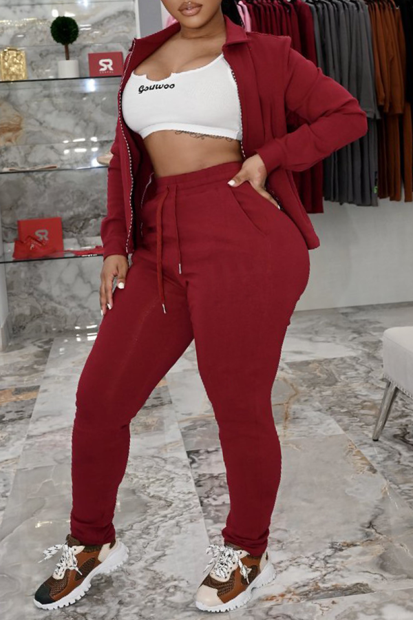 Burgundy Casual Solid Patchwork Turndown Collar Long Sleeve Two Pieces