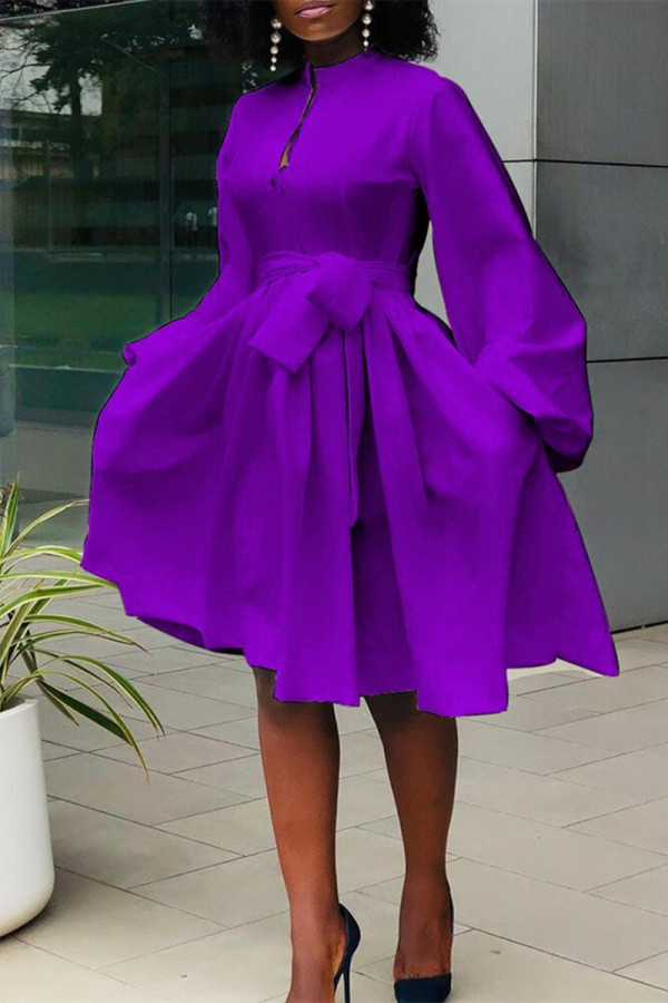 Purple Fashion Casual Solid Bandage O Neck Long Sleeve Dresses