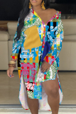 Multicolor Casual Print Patchwork Turndown Collar Shirt Dress Dresses