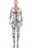 White Sexy Print Patchwork Turndown Collar Skinny Jumpsuits