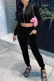 Black Solid Patchwork Zipper Hooded Collar Long Sleeve Two Pieces