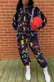 Black Fashion Casual Letter Print Basic Hooded Collar Long Sleeve Two Pieces