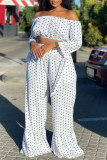 White Sexy Casual Dot Print Backless Off the Shoulder Long Sleeve Two Pieces